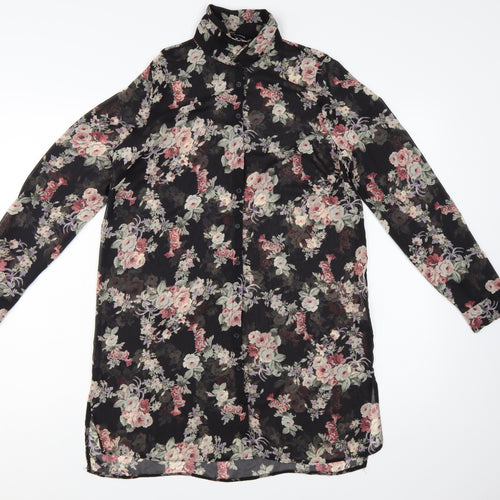 New Look Womens Black Floral Long Sleeve Tunic Blouse Size 10
