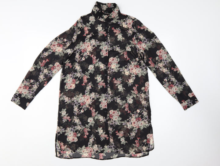 New Look Womens Black Floral Long Sleeve Tunic Blouse Size 10