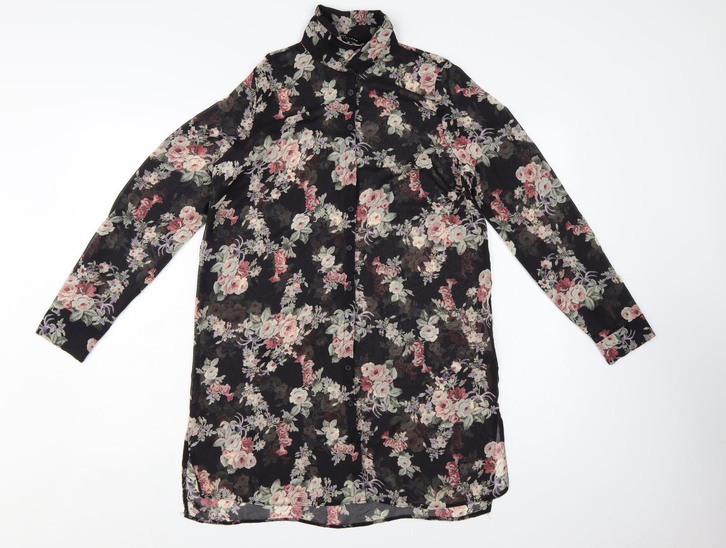New Look Womens Black Floral Long Sleeve Tunic Blouse Size 10