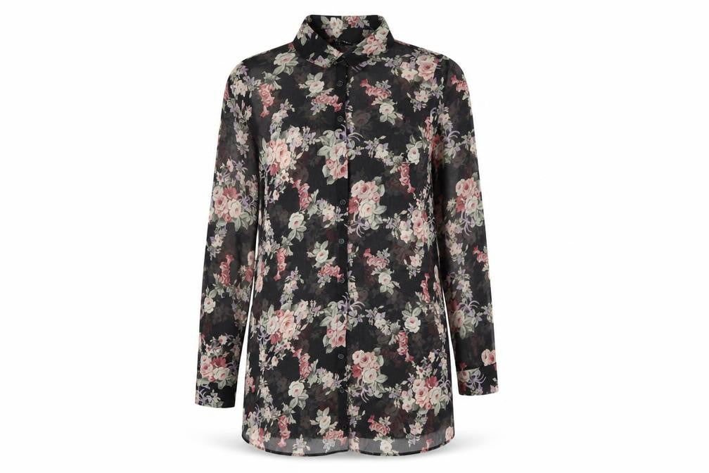 New Look Womens Black Floral Long Sleeve Tunic Blouse Size 10