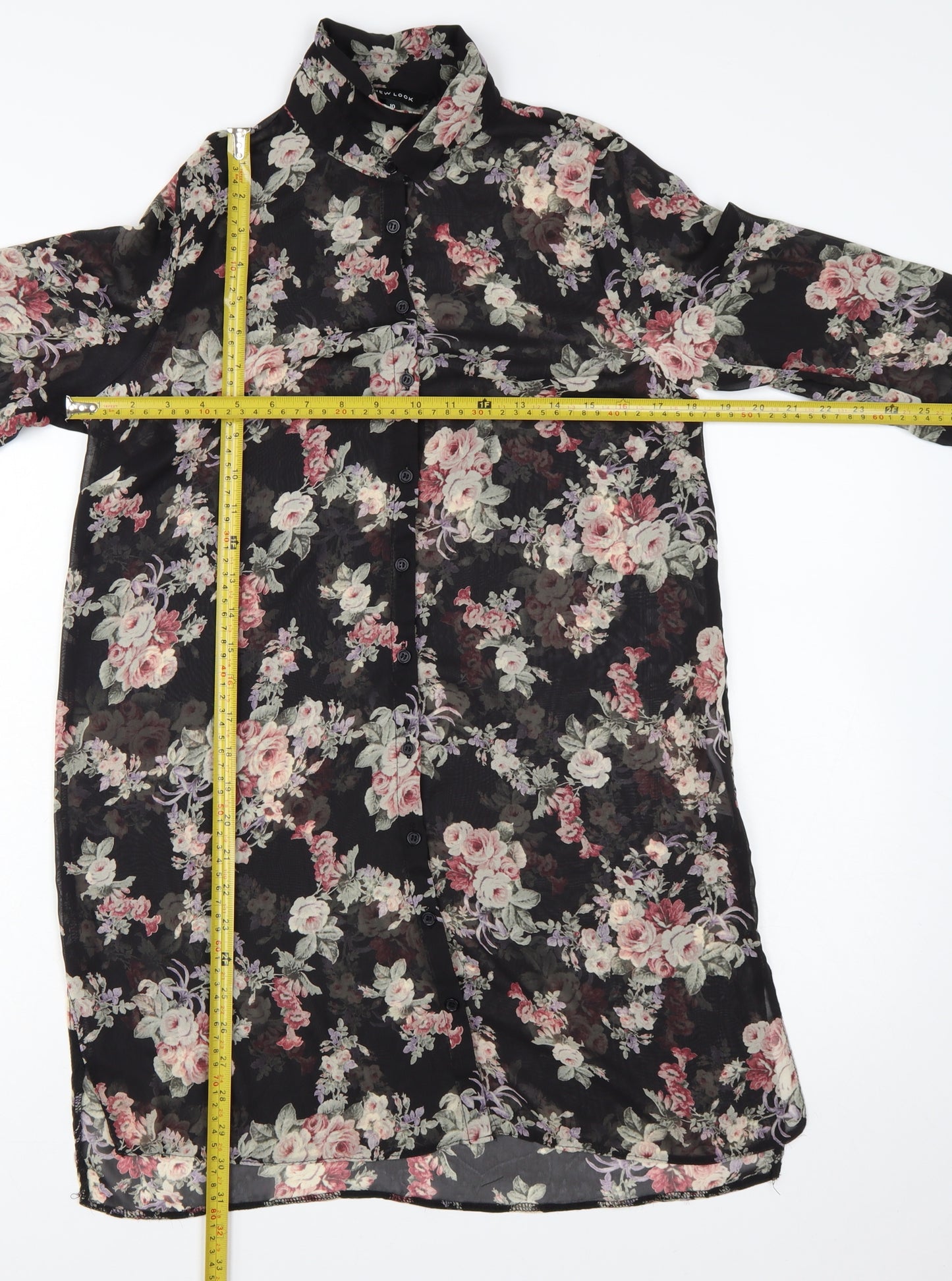 New Look Womens Black Floral Long Sleeve Tunic Blouse Size 10