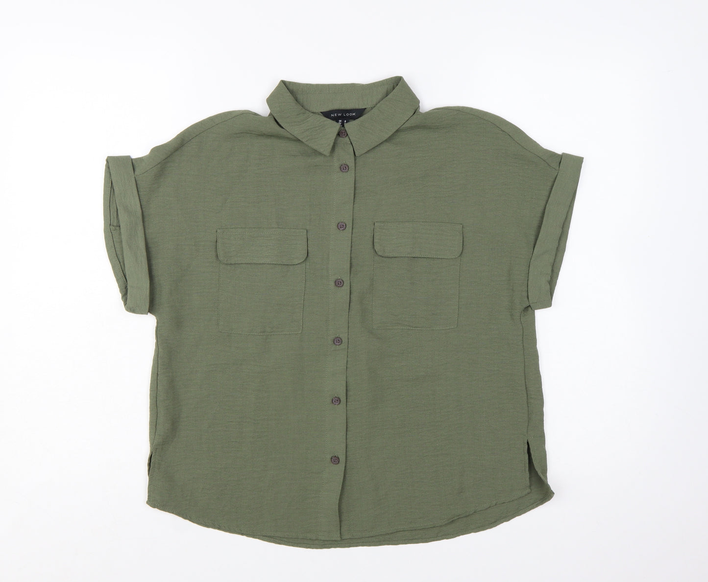 New Look Women's Green Button-Up Short Sleeve Collared Shirt Size 8