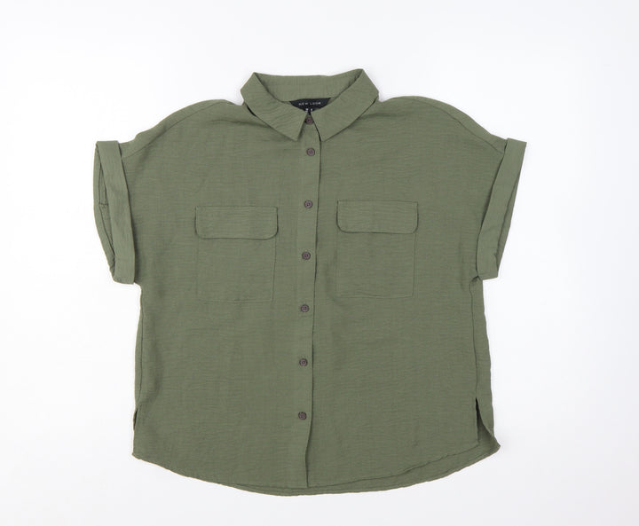 New Look Women's Green Button-Up Short Sleeve Collared Shirt Size 8