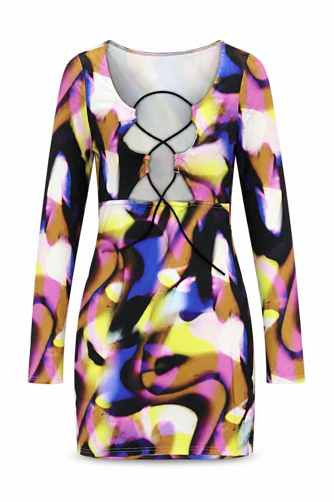 Front view of PRETTYLITTLETHING women’s multicoloured, size UK 8, bodycon cut out mini dress
