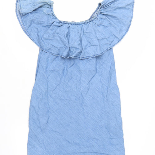 Denim Co Women Blue Off Shoulder Ruffle Chambray Shift Dress Size 12