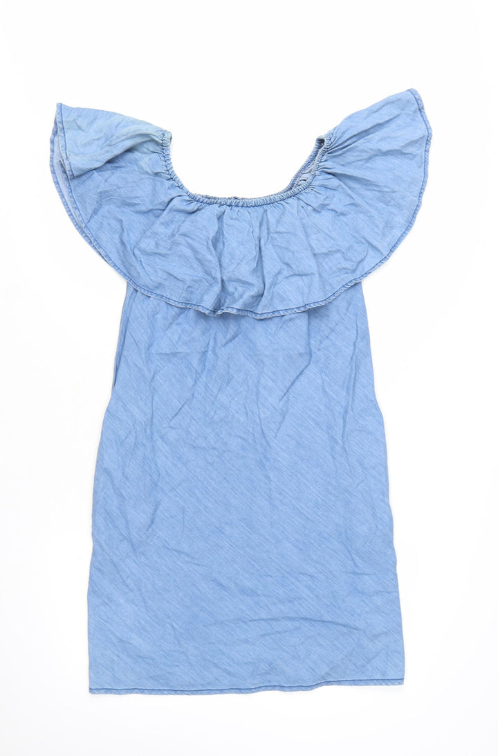 Denim Co Women Blue Off Shoulder Ruffle Chambray Shift Dress Size 12