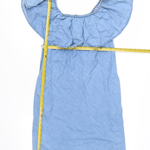 Denim Co Women Blue Off Shoulder Ruffle Chambray Shift Dress Size 12