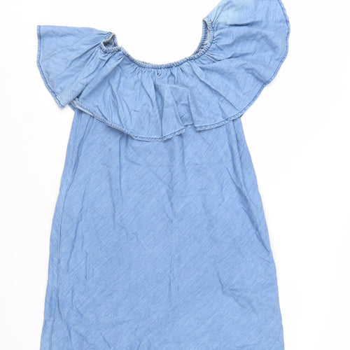 Denim Co Women Blue Off Shoulder Ruffle Chambray Shift Dress Size 12