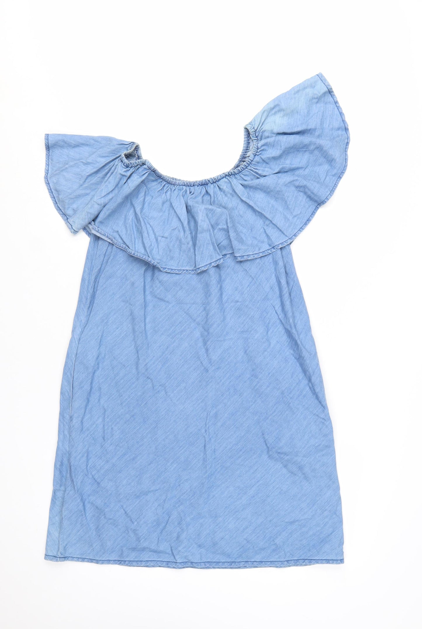 Denim Co Women Blue Off Shoulder Ruffle Chambray Shift Dress Size 12