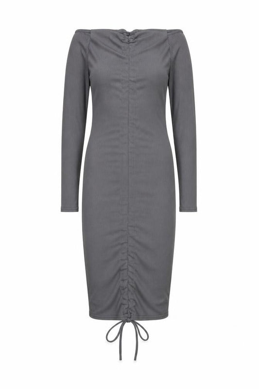 Front view of PRETTYLITTLETHING Women’s Grey Off-Shoulder Ruched Bodycon Dress, size UK 6