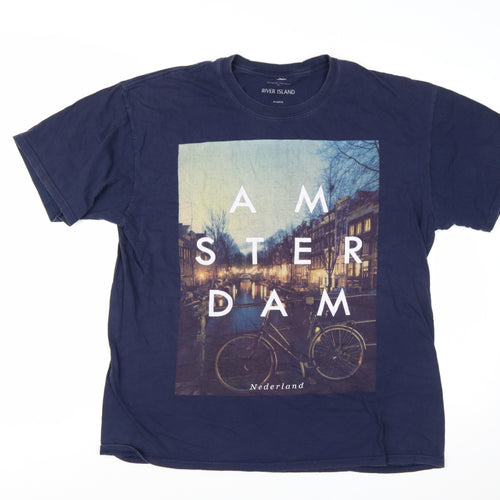River Island Men's Blue Amsterdam Graphic T-Shirt XL
