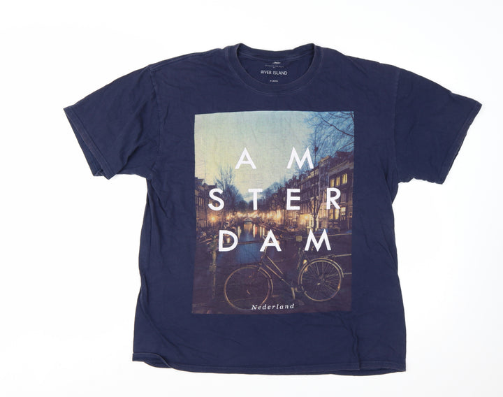 River Island Men's Blue Amsterdam Graphic T-Shirt XL