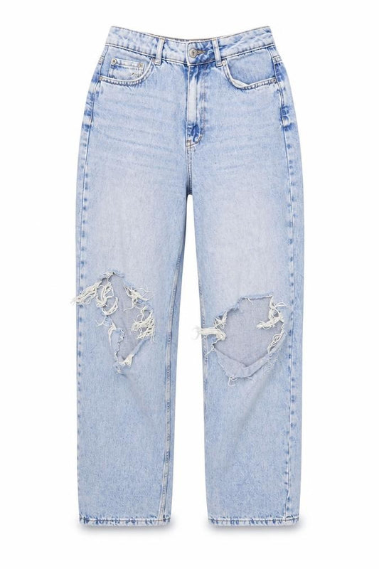 New Look Women Blue Light Wash Distressed Mom Jeans Size 10