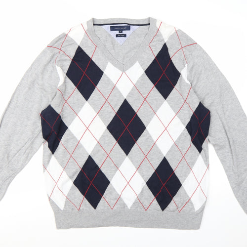 Tommy Hilfiger Men’s Grey Argyle Pima Cotton V-Neck Jumper XL