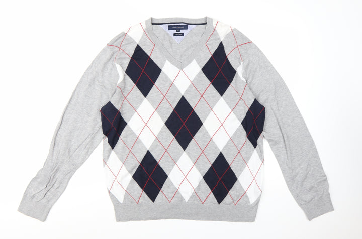 Tommy Hilfiger Men’s Grey Argyle Pima Cotton V-Neck Jumper XL