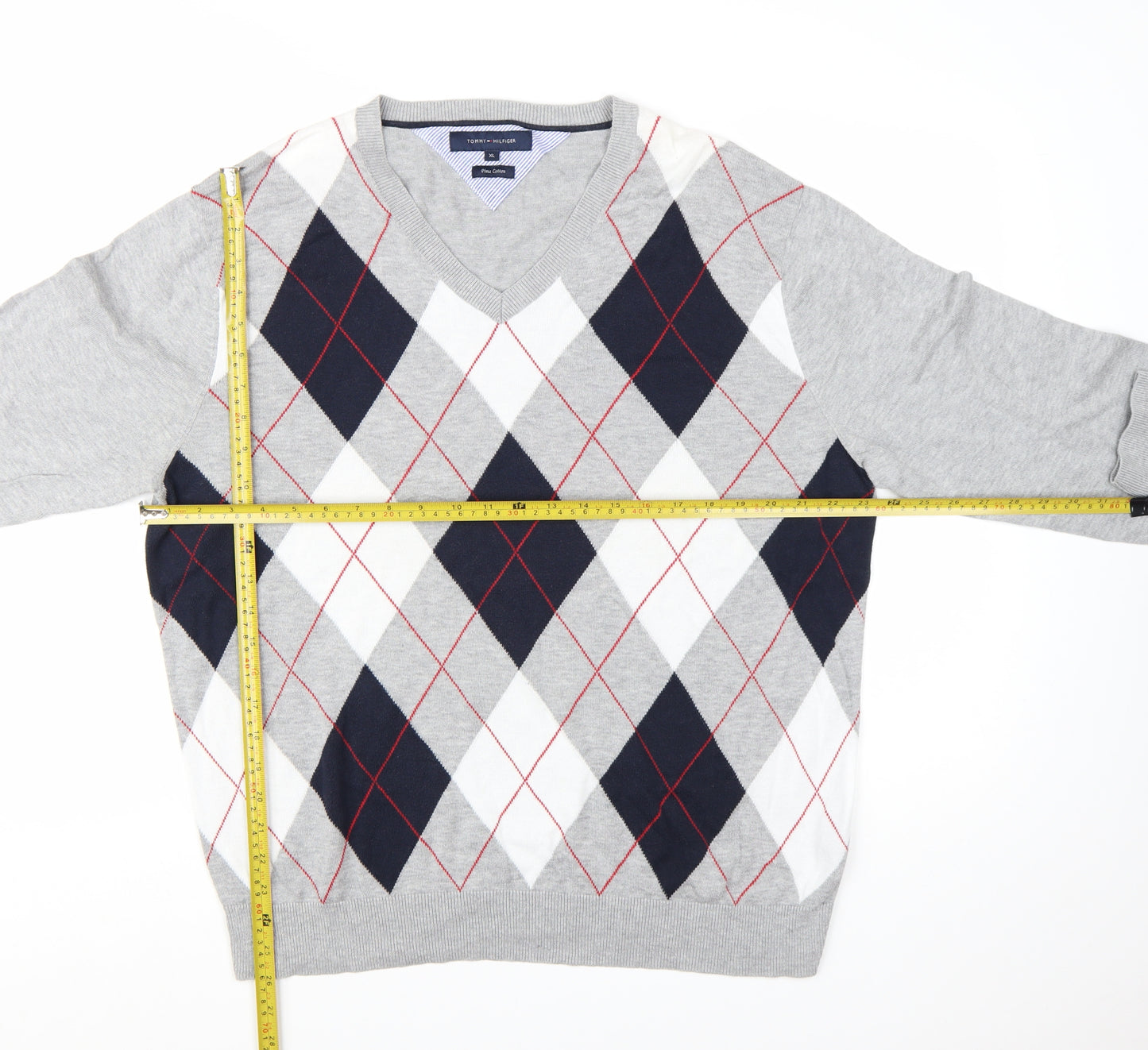 Tommy Hilfiger Men’s Grey Argyle Pima Cotton V-Neck Jumper XL