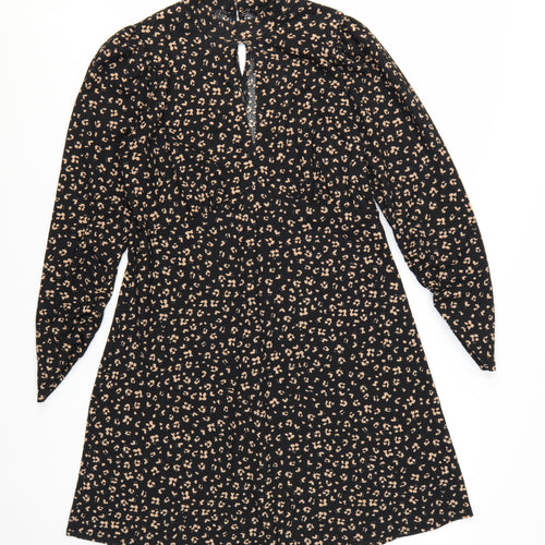 New Look Women Black Animal Print A-Line Long Sleeve Dress Size 14