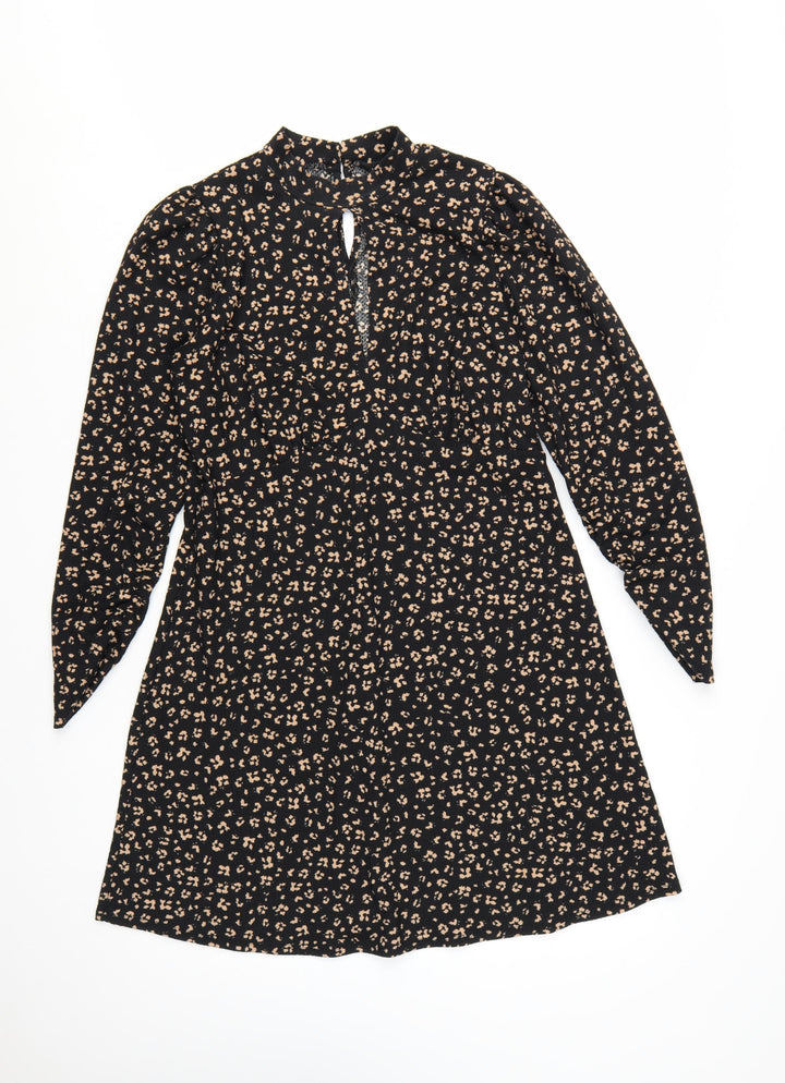 New Look Women Black Animal Print A-Line Long Sleeve Dress Size 14
