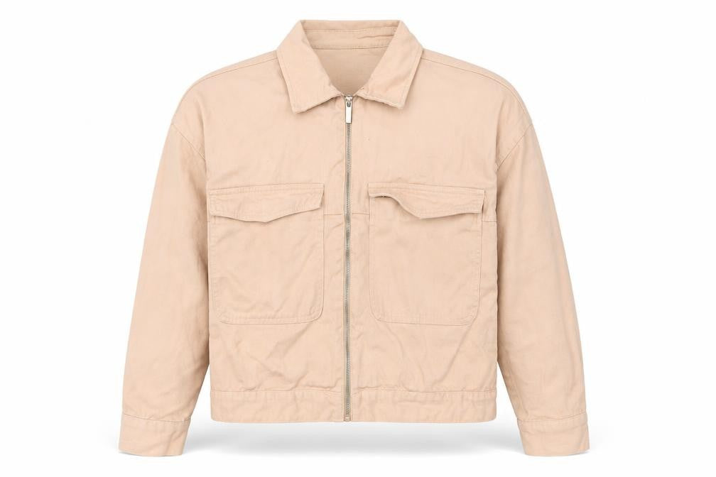 Front view of Primark women’s beige cotton basic jacket, size M, casual zip front