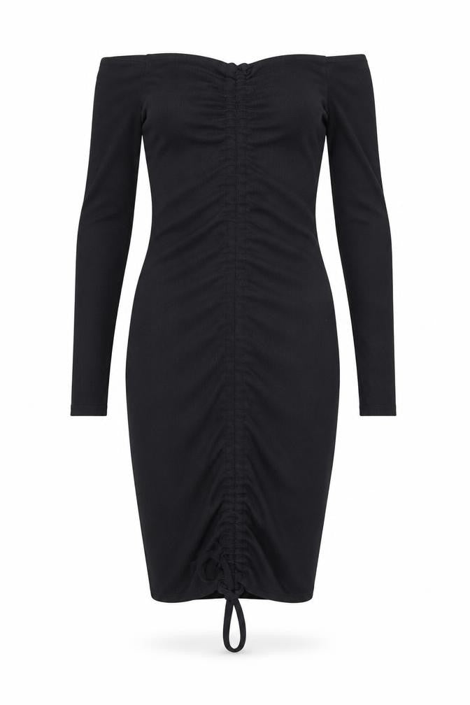 Front view of PRETTYLITTLETHING Women's Black Off Shoulder Bodycon Dress, size 4