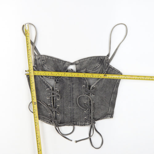 PrettyLittleThing Women Grey Petite Cropped Denim Lace Up Tank Top Size 8