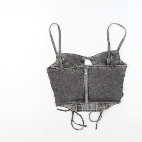 PrettyLittleThing Women Grey Petite Cropped Denim Lace Up Tank Top Size 8
