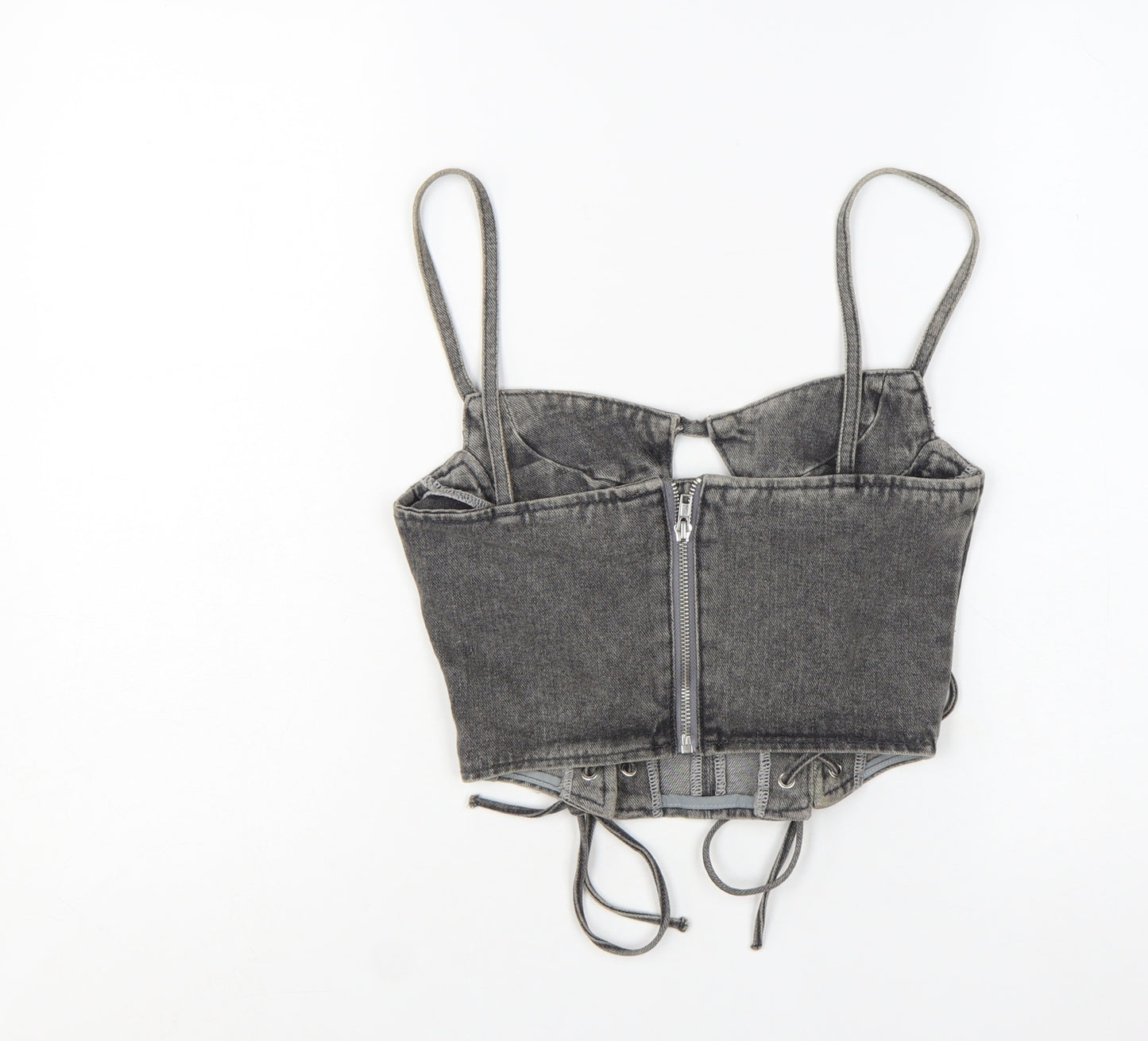 PrettyLittleThing Women Grey Petite Cropped Denim Lace Up Tank Top Size 8