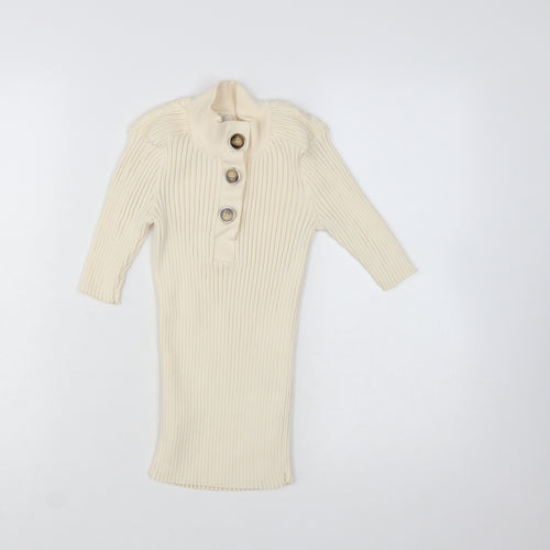 River Island Women’s Beige Ribbed Button-Up High Neck Top Size 8
