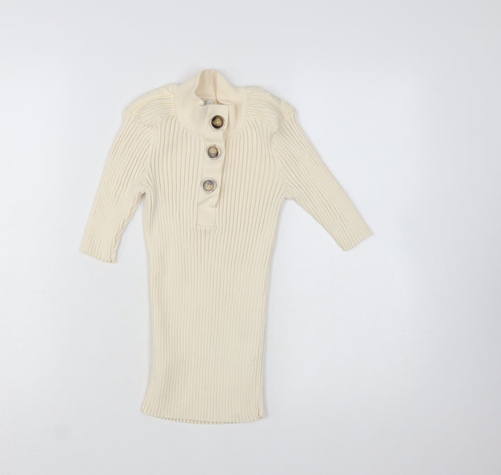 River Island Women’s Beige Ribbed Button-Up High Neck Top Size 8