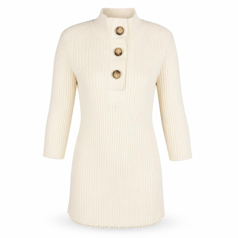 Front view of River Island Women’s Beige Ribbed Button-Up High Neck Top, size UK 8