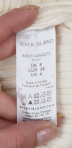 River Island Women’s Beige Ribbed Button-Up High Neck Top Size 8