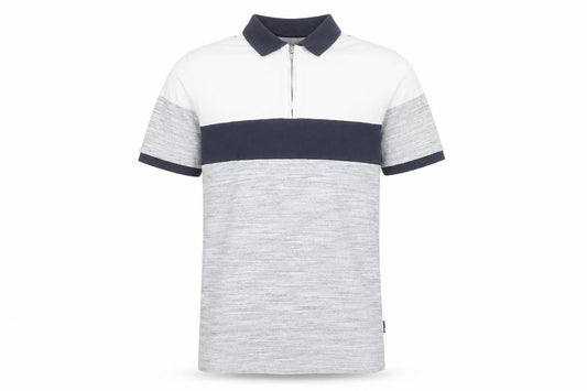 Front view of Burton Menswear London Men's Grey Colourblock Quarter Zip Polo Shirt, size S