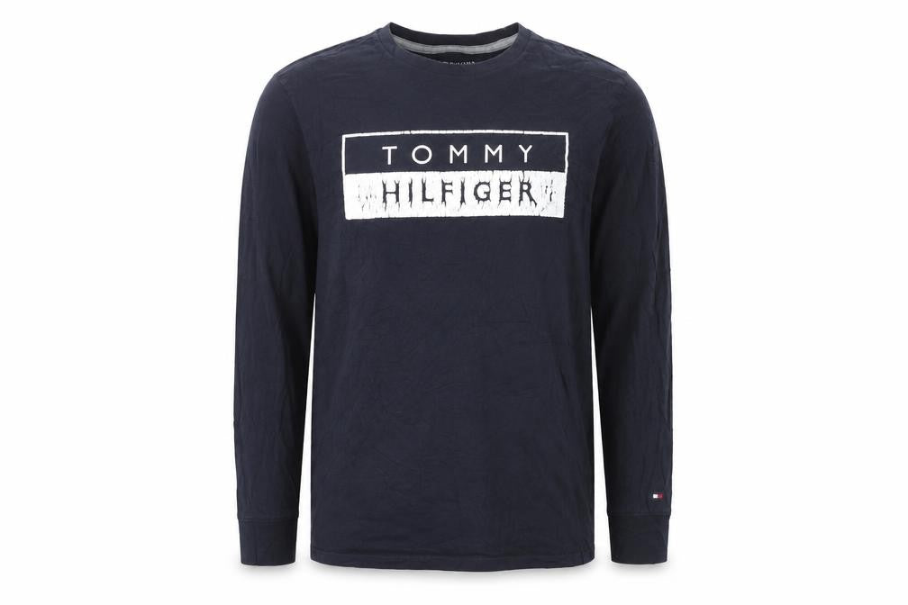 Front view of Tommy Hilfiger Men Blue Long Sleeve Crew Neck Cotton Top, size M