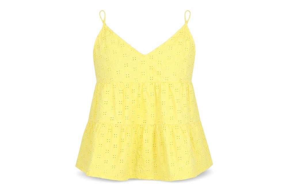 Front view of ASOS Design Petite Yellow Eyelet Cotton Camisole Top, size 8
