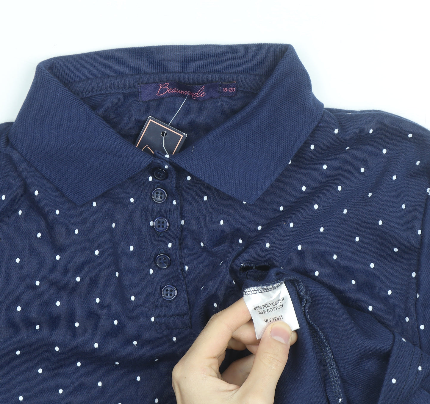 Beaumonde Womens Blue Polka Dot Collared Polo Shirt Size 18