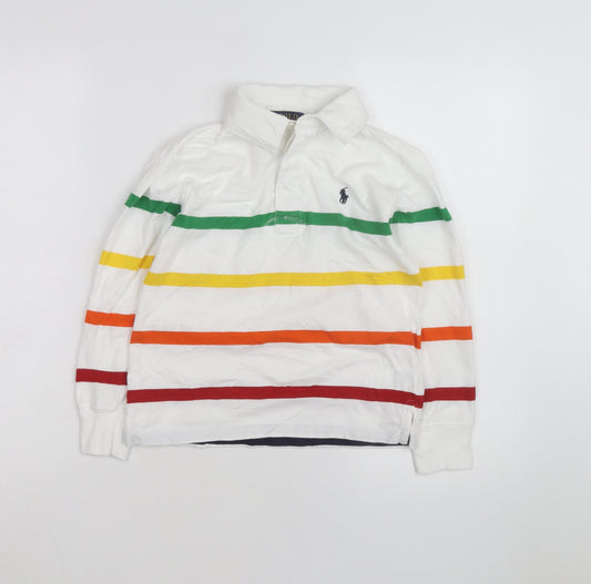 Polo Ralph Lauren Boys White Multicoloured Stripe Long Sleeve Polo Shirt Size 8