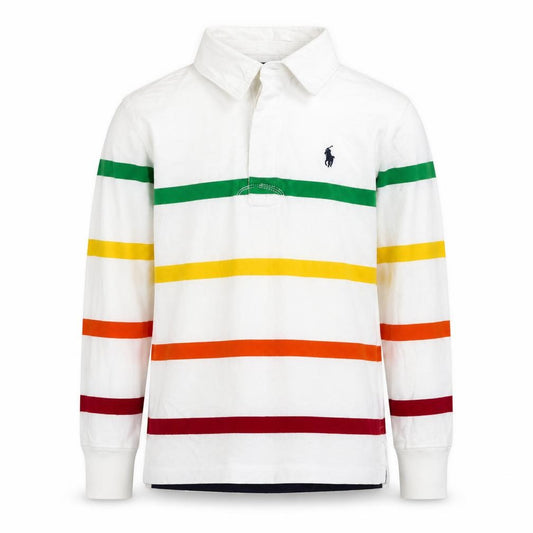 Polo Ralph Lauren Boys White Multicoloured Stripe Long Sleeve Polo Shirt Size 8