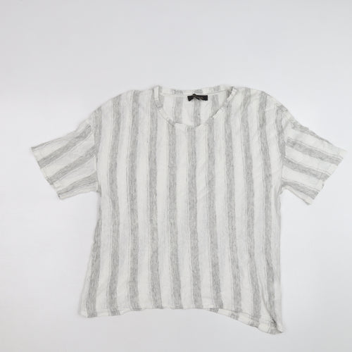 Jaeger Men Grey White Striped Linen Blend Short Sleeve T-Shirt M