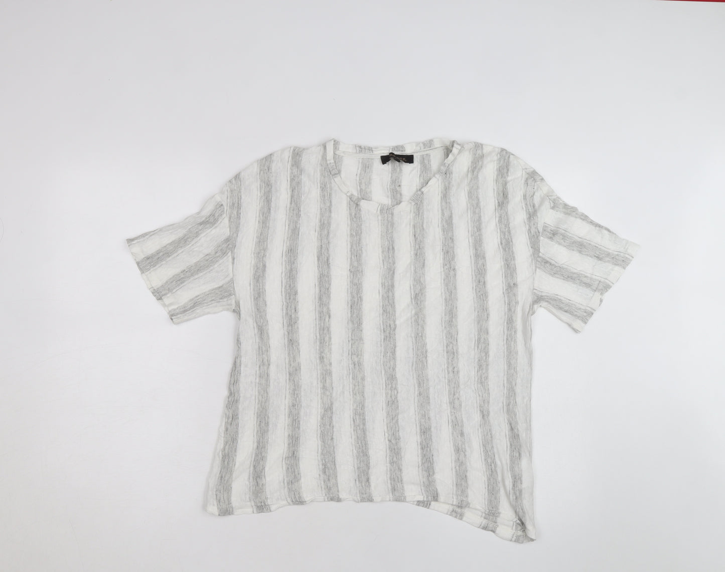 Jaeger Men Grey White Striped Linen Blend Short Sleeve T-Shirt M