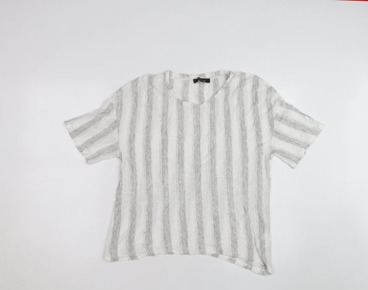 Jaeger Men Grey White Striped Linen Blend Short Sleeve T-Shirt M