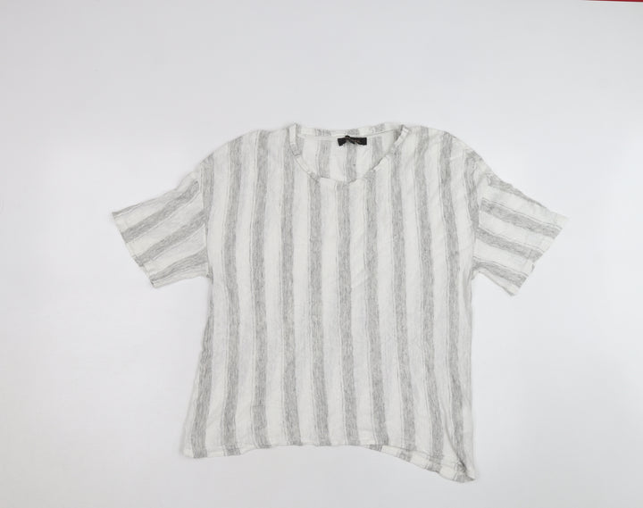 Jaeger Men Grey White Striped Linen Blend Short Sleeve T-Shirt M