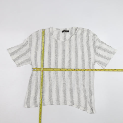 Jaeger Men Grey White Striped Linen Blend Short Sleeve T-Shirt M