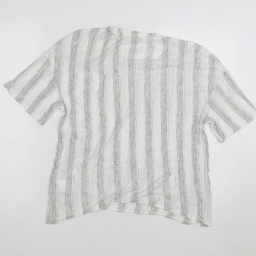 Jaeger Men Grey White Striped Linen Blend Short Sleeve T-Shirt M