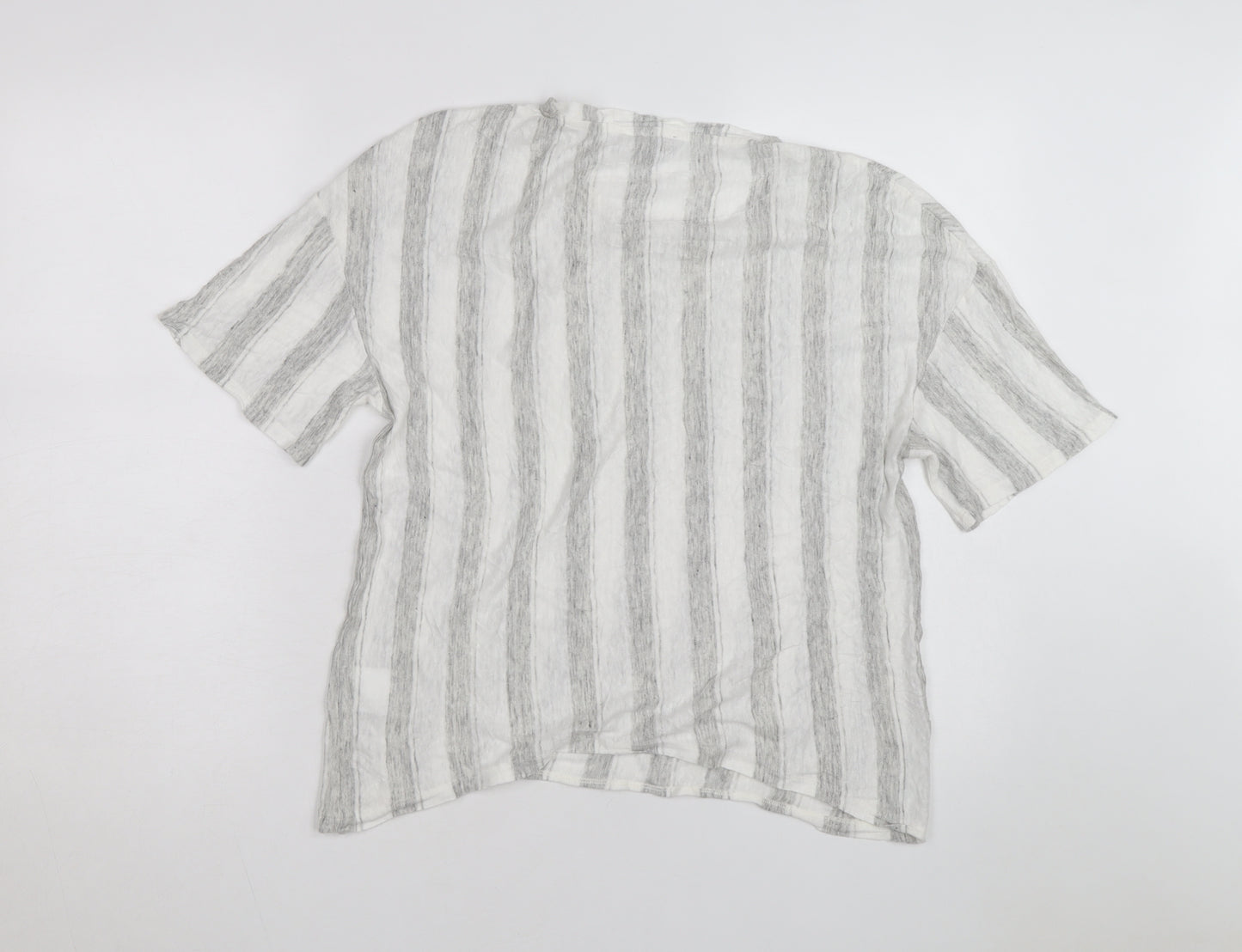 Jaeger Men Grey White Striped Linen Blend Short Sleeve T-Shirt M