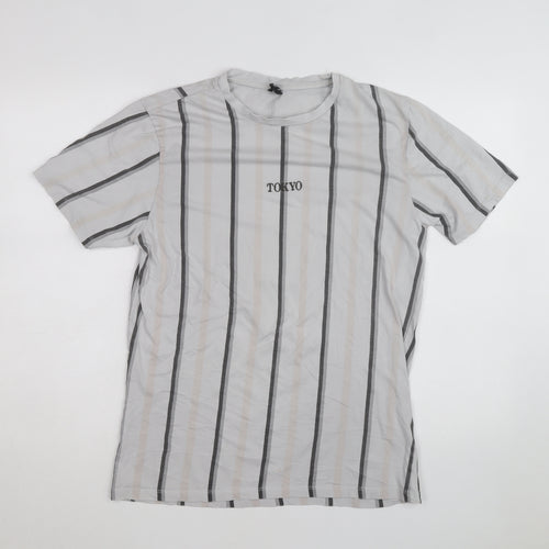 River Island Men's Grey Striped Tokyo T-Shirt Size L