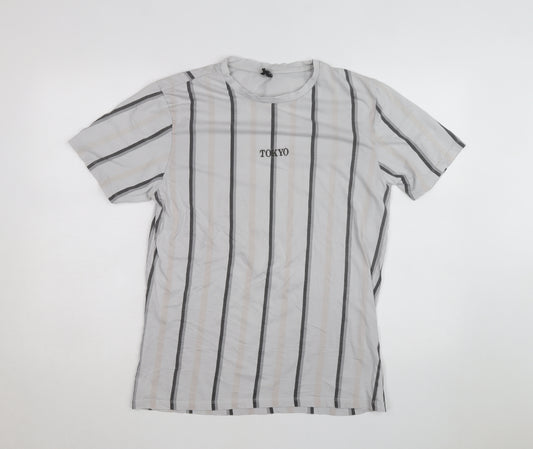 River Island Men's Grey Striped Tokyo T-Shirt Size L