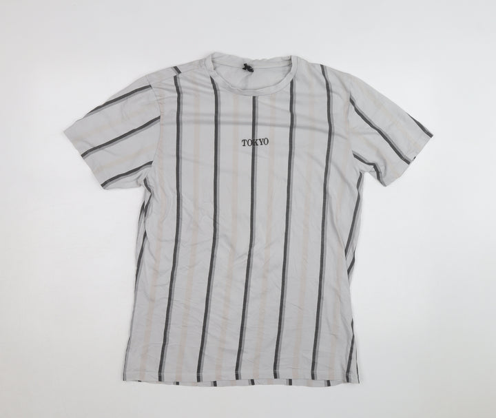 River Island Men's Grey Striped Tokyo T-Shirt Size L