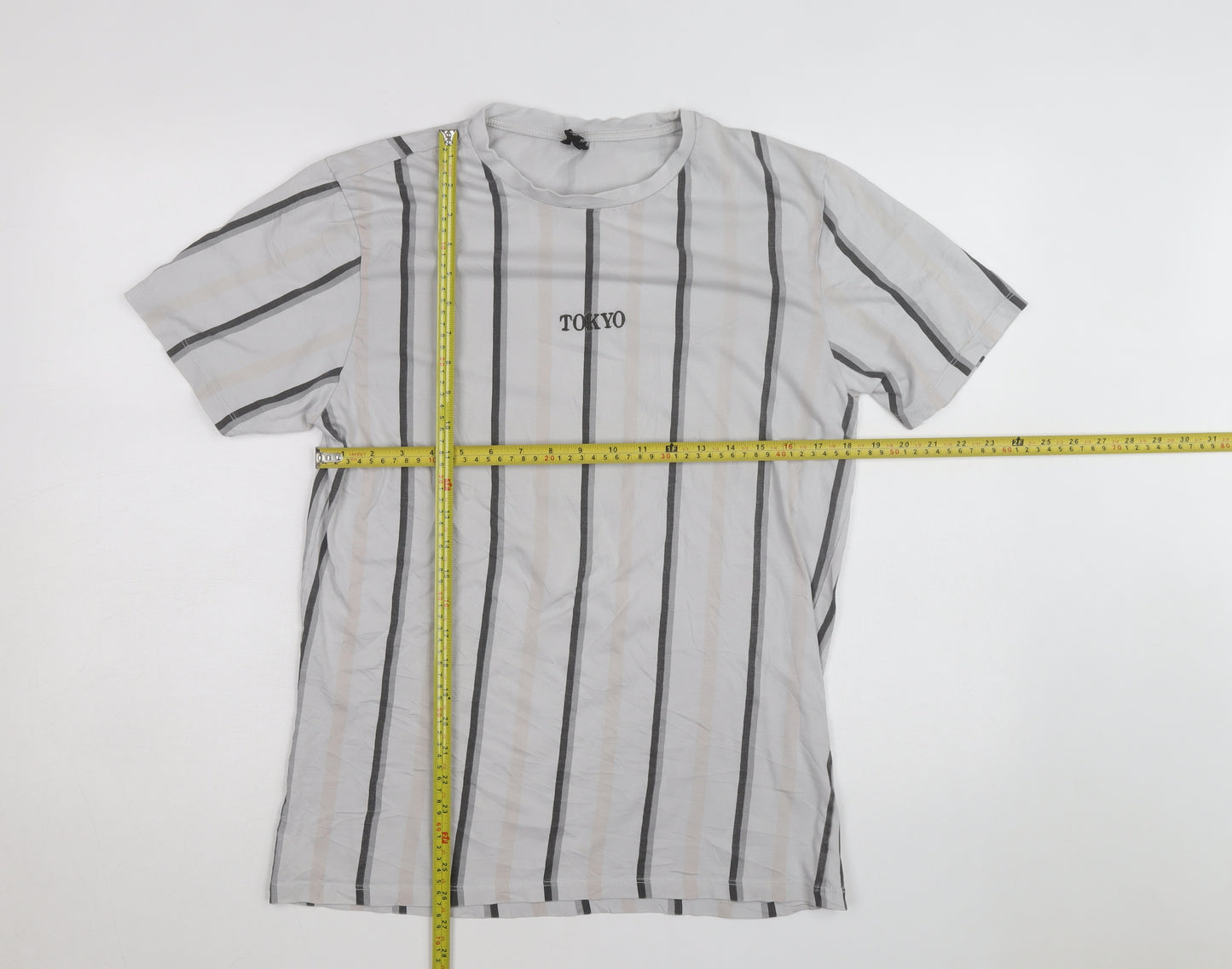 River Island Men's Grey Striped Tokyo T-Shirt Size L