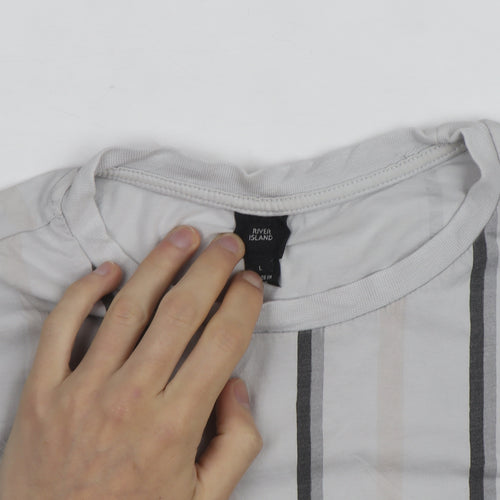 River Island Men's Grey Striped Tokyo T-Shirt Size L