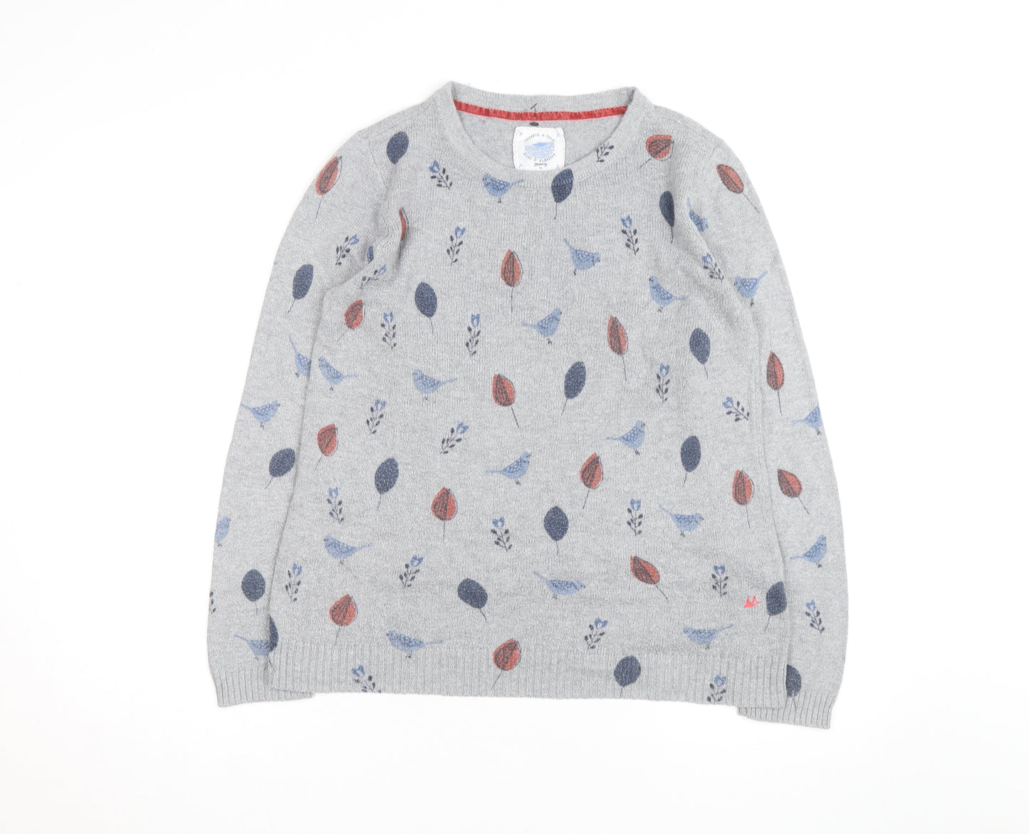 Mantaray Women Grey Bird Print Jumper Size 14 Crew Neck Knit